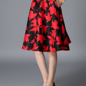 Red Casual Floral Print A-line Midi Skirt