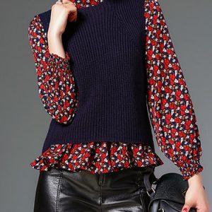 Red Casual Geometric Cotton-blend Knitted Two Piece Long Sleeve Top