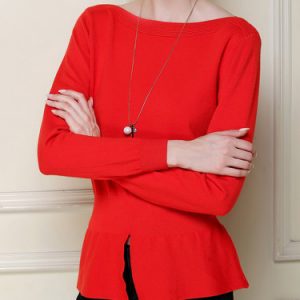 Red Casual Knitted Slit Bateau/boat Neck Long Sleeved Top