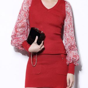 Red Casual Knitted V Neck Sheath Sweater Dress