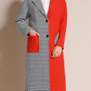 Red Casual Lapel Color-block Checkered/Plaid Coat