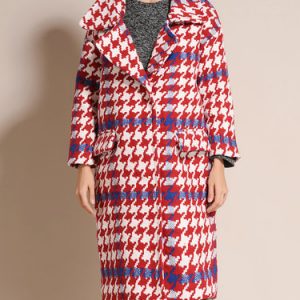 Red Casual Lapel Houndstooth Coat