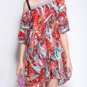 Red Casual Off Shoulder Printed Mini Dress