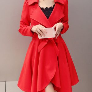 Red Casual Ruffled Solid Polyester Coat with Belt