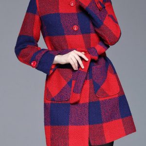 Red Casual Wool Blend Color-block Coat