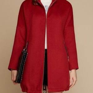 Red Casual Zipper Wool Blend Coat