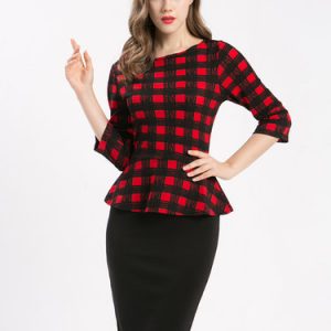 Red Checkered 3/4 Sleeve Paneled Elegant Peplum Midi Dress