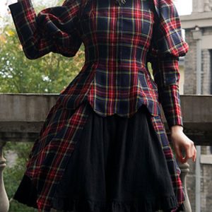 Red Checkered/Plaid Balloon Sleeve Pockets Coat