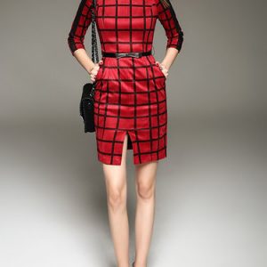 Red Checkered/Plaid Paneled Sheath Elegant Mini Dress