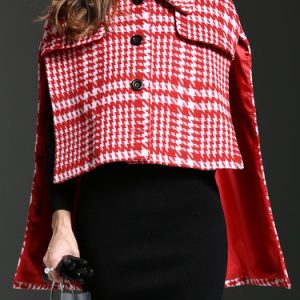 Red Checkered/Plaid Shirt Collar High Low Poncho And Cape