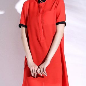 Red Chiffon Plain H-line Simple Midi Dress