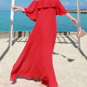 Red Chiffon Swing Girly Off Shoulder Maxi Dress