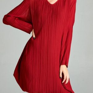 Red Cocoon Ribbed Long Sleeve Plain Mini Dress