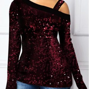 Red Cold Shoulder Long Sleeve Shirt Sequin New Year Top - XL