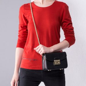 Red Cotton Crew Neck Letter Long Sleeved Top