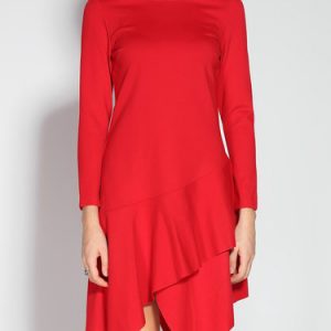 Red Cotton Long Sleeve Asymmetric Midi Dress