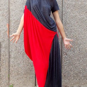 Red Cotton-blend Crew Neck Statement Asymmetric Maxi Dress