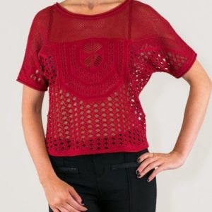 Red Cotton-blend Pierced Crew Neck Short Sleeved Top