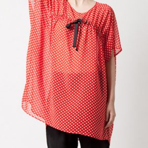 Red Crew Neck Bow Polka Dots Short Sleeve Blouse