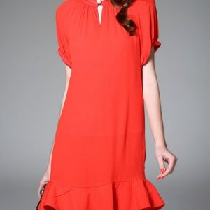 Red Crew Neck Casual Plain Mini Dress