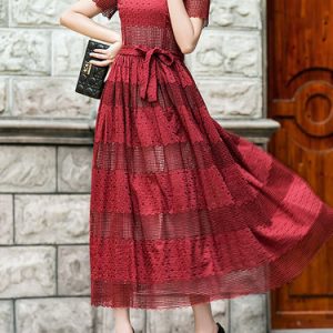 Red Crew Neck Vintage Short Sleeve A-line Midi Dress