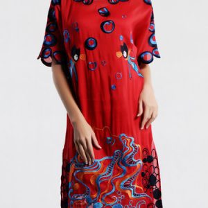 Red Cute Crew Neck H-line Linen Midi Dress