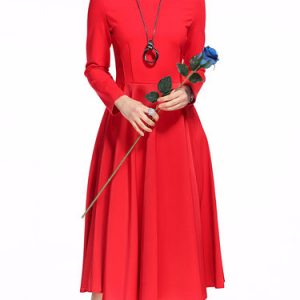 Red Elegant Cotton-blend Crew Neck A-line Midi Dress