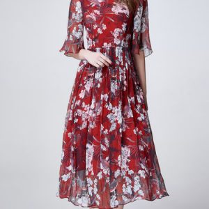 Red Elegant Crew Neck Floral Midi Dress