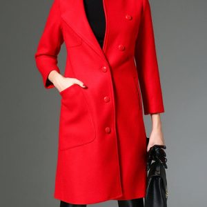 Red Elegant Pockets Wool Blend Coat