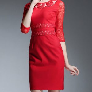 Red Elegant Sheath Crew Neck Midi Dress