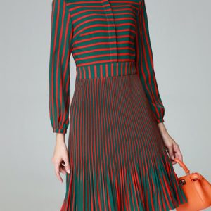 Red Elegant Stripes Flounce Shirt Collar Midi Dress