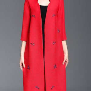 Red Embroidered Animal Print V Neck Casual Coat