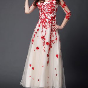 Red Embroidered Evening Floral A-line Evening Dress