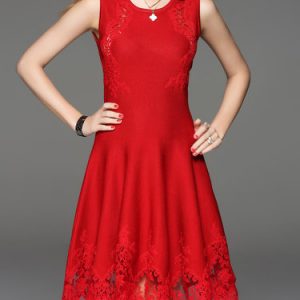 Red Embroidered Lace A-line Sleeveless Knitted Elegant Sweater Dress