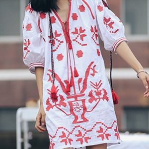 Red Embroidered Tribal V Neck Half Sleeve Mini Dress