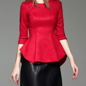 Red Faux Suede 3/4 Sleeve Long Sleeved Top