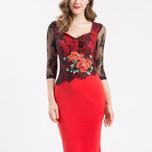 Red Floral Embroidered Square Neck Vintage Midi Dress