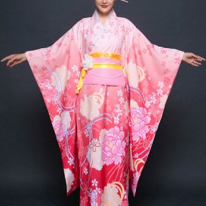 Red Floral Print Matte Satin Kimono for Women