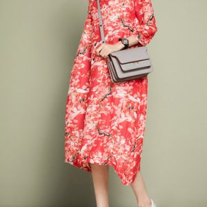 Red Floral Printed 3/4 Sleeve Midi Dress