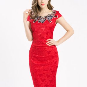 Red Floral Vintage Embroidered Crew Neck Midi Dress