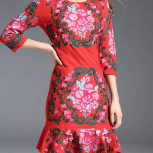 Red Floral-embroidered 3/4 Sleeve Mermaid Midi Dress