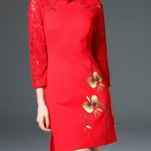 Red Floral-embroidered 3/4 Sleeve Vintage Stand Collar Mini Dress