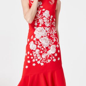 Red Floral-embroidered Appliqued Crew Neck Elegant Mermaid Midi Dress