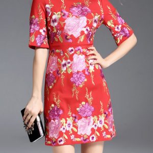 Red Floral-embroidered Vintage Mini Dress