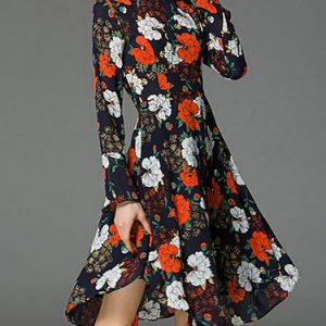 Red Floral-print Crew Neck A-line Long Sleeve Midi Dress