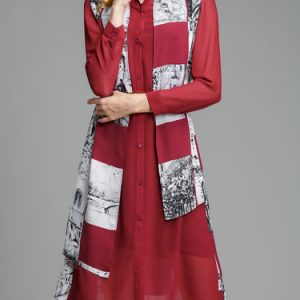 Red Graphic Long Sleeve Polyester Stand Collar Midi Dress