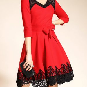 Red Guipure 3/4 Sleeve A-line Midi Dress