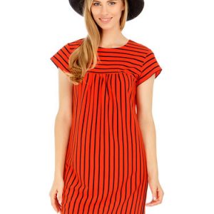 Red H-line Girly Stripes Crew Neck Mini Dress