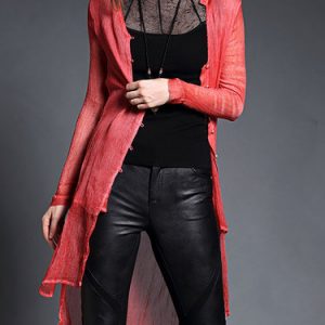 Red H-line Plain Ribbed Long Sleeve Coat