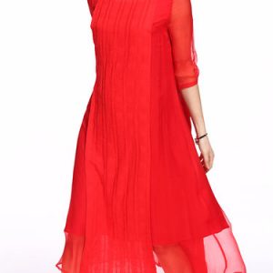 Red Half Sleeve Silk Crew Neck Plain A-line Midi Dress